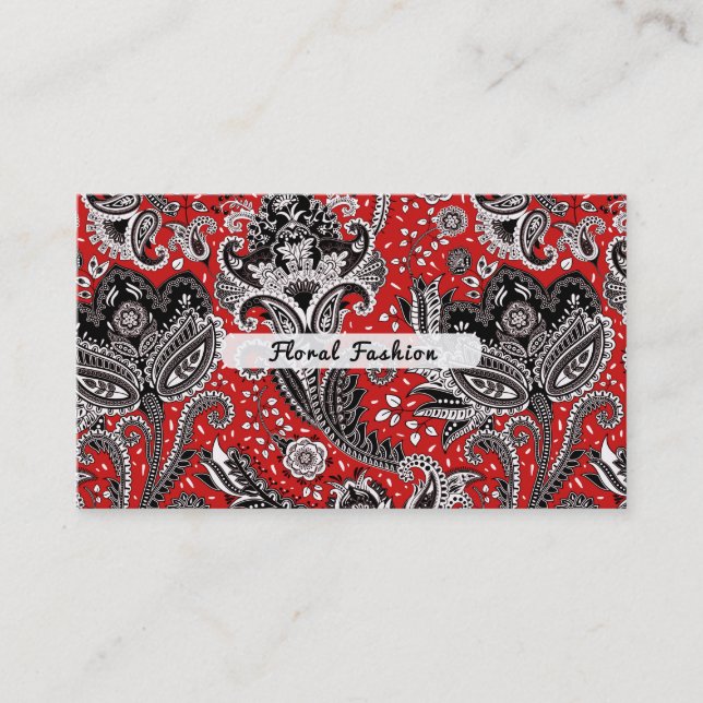 Röd Svart & Vit Blommig Paisley Bohemer Boho Visitkort (Framsida)