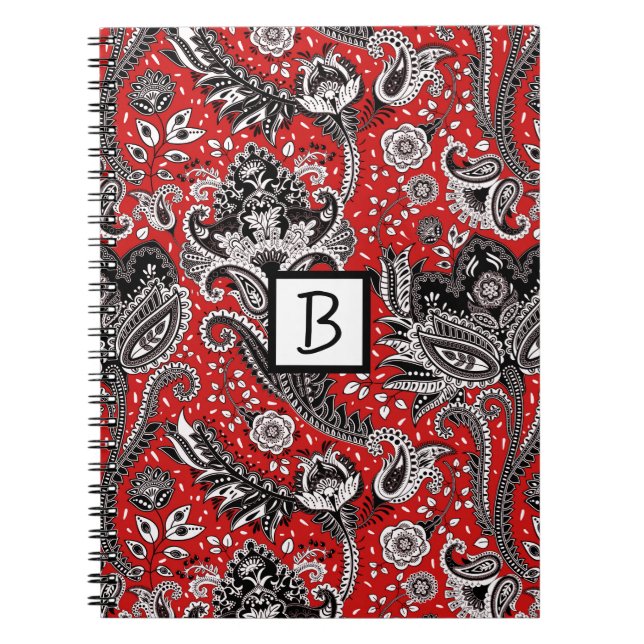 Röd Svart & Vit Blommig Paisley Bohemisk Boho Anteckningsbok (Framsidan)