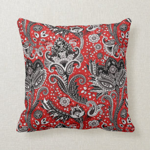 Röd Svart & Vit Blommig Paisley Bohemisk Boho Kudde