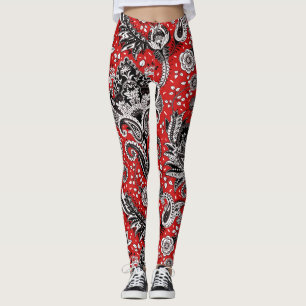 Röd Svart & Vit Blommig Paisley Bohemisk Boho Leggings