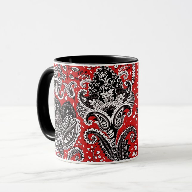 Röd svart & vit blommig paisley bohemisk boho mugg (Framsida vänster)
