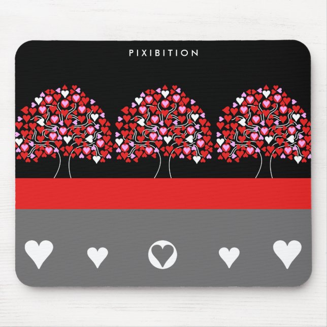 Röd svart vit Mousepad för kärlekhjärtaträd Musmatta (Framsidan)