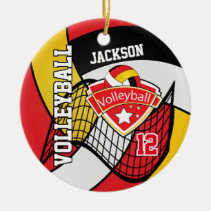 Röd, svart, vit och Guld volleyball Julgransprydnad Keramik