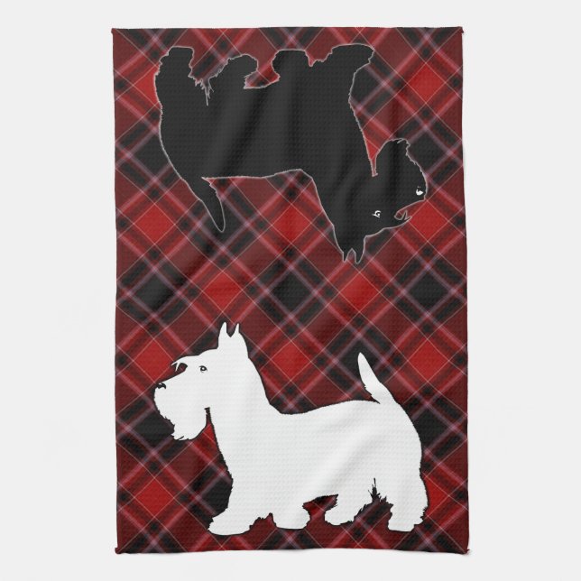 Röd svartvit Tartan för skotsk Terrier Kökshandduk (Vertikal)