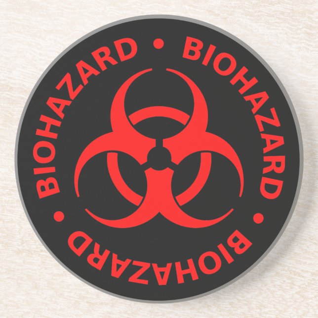 Röd symbol för biofara Underlägg med text (Framsidan)