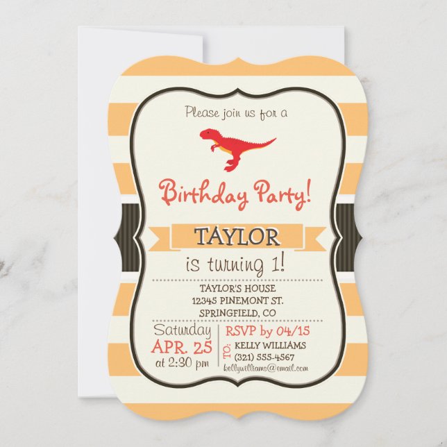 Röd T-Rex-dinosaurie; Orange Ränder Inbjudningar (Framsida)