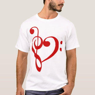 Röd) T-tröja för treble- och basklavhjärta ( Tee Shirt