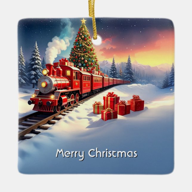 Röd tåg julgran julgransprydnad keramik (Framsida)