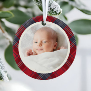 Röd Tartan Bebis Första Julen Foto Julgransprydnad Keramik