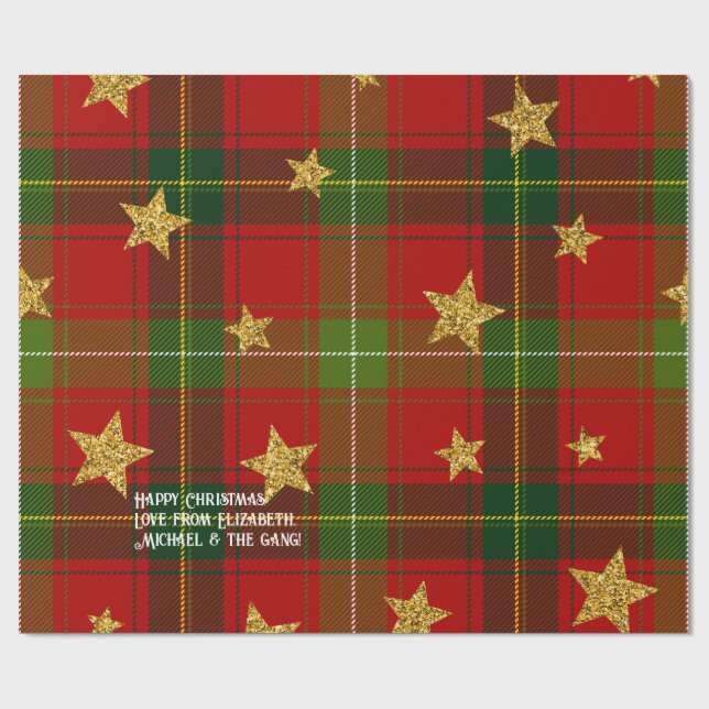 Röd Tartan Guldstjärna Personlig Jul Presentpapper (Platt)