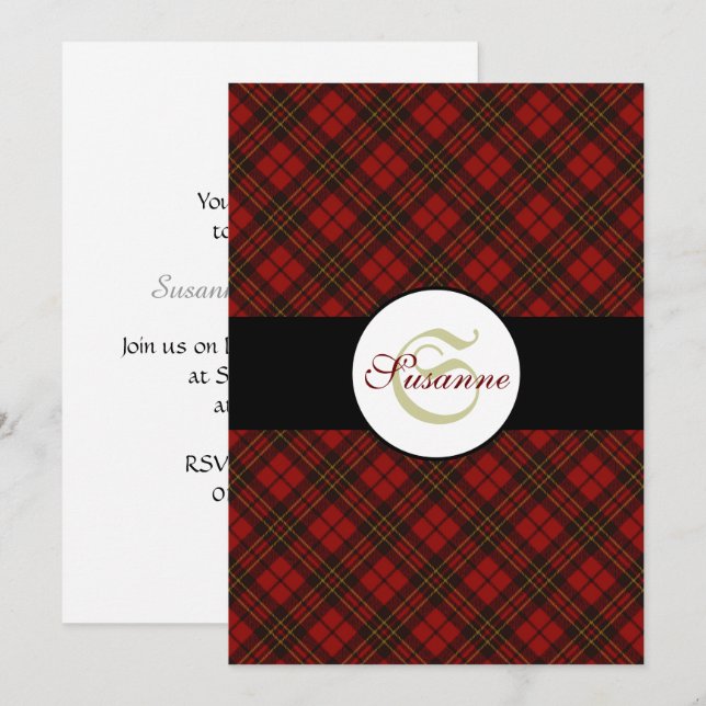 Röd tartan-julklappen mönster Monogram vinter Inbjudningar (Fram/baksida)
