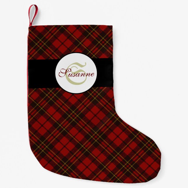 Röd tartan-julklappen mönster Monogram vinter Liten Julstrumpa (Framsidan)
