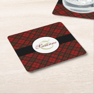 Röd tartan-julklappen mönster Monogram vinter Underlägg Papper Kvadrat
