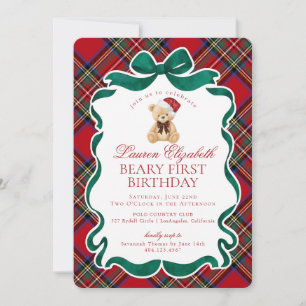 Röd Tartan-rutig jul Beary Första födelsedag Inbjudningar