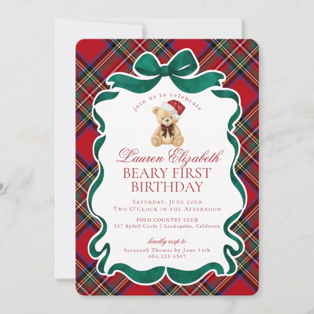 Röd Tartan-rutig jul Beary Första födelsedag Inbjudningar (Framsida)
