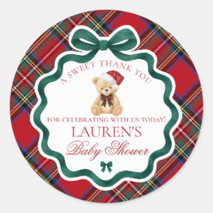 Röd Tartan-rutig julbjörn Baby Shower-favor Runt Klistermärke