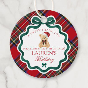 Röd Tartan-rutig julbjörn födelsedagscirkel Gåvor Etiketter