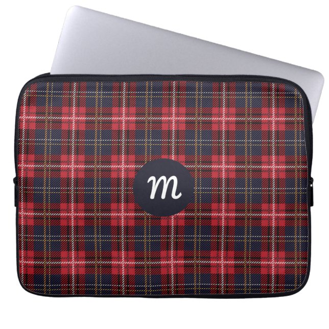 Röd tartan rutmönstrad monogramiserad laptopsleeve laptop fodral (Framsidan)