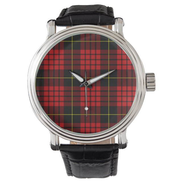 Röd tartan vintage svart läderarmbandsur armbandsur (Framsida)