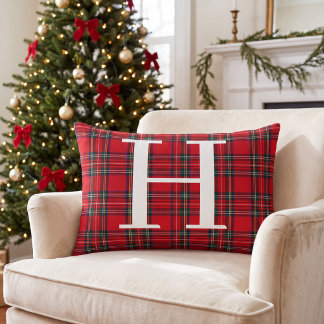 Röd tartanrutig personlig monogram jul lumbarkudde