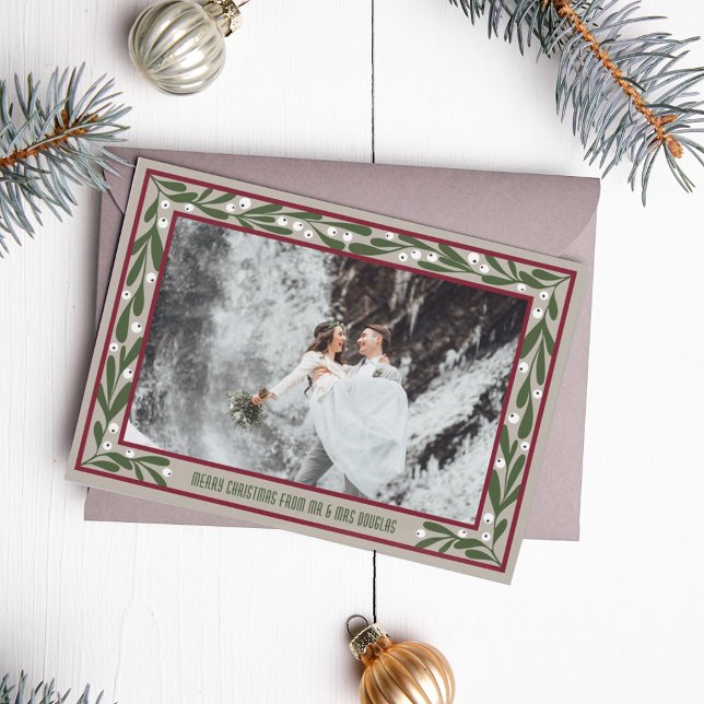 Röd Taupe Grön Mistoetoe Ram God Jul Julkort (Skapare uppladdad)