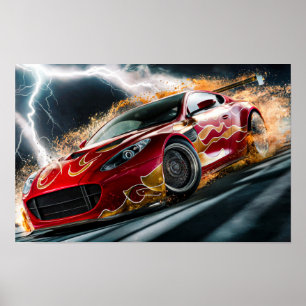 Röd Tävla-bil med Flame Mönster-hårddisk nr 1 Poster