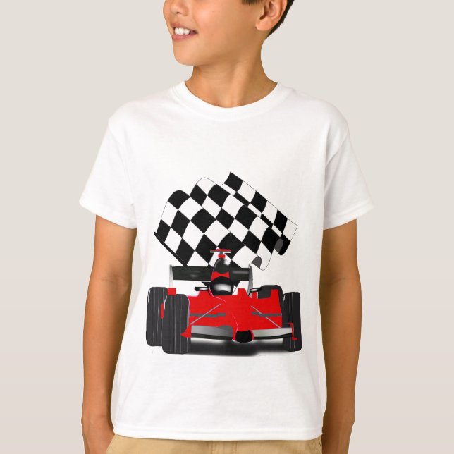 Röd Tävling-bil med kontrollerad Flagga Tee Shirt (Framsida)