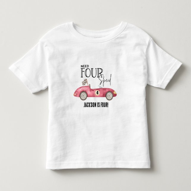 Röd tävlingsbil Behöver FYRA Snabb 4-årsdag T Shirt (Framsida)