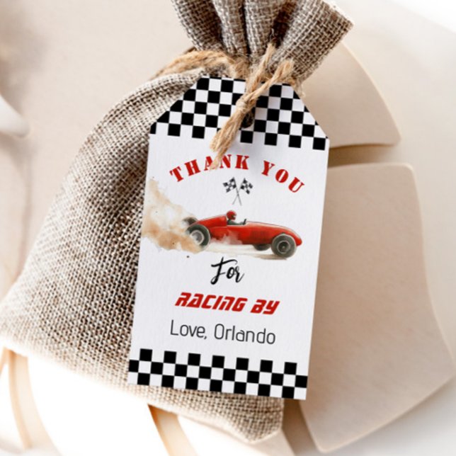 Röd tävlingsbil Pojke racing födelsedag tack Presentetikett (Skapare uppladdad)