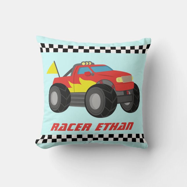 Röd tävlingsmonstertruck för pojkrum kudde (Framsida)