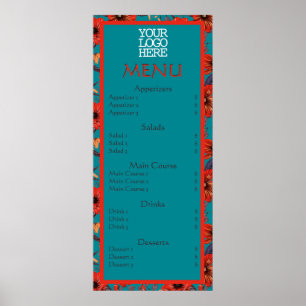 Röd Teal Blommig Café Restaurang Meny Poster