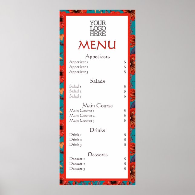 Röd Teal Blommig Café Restaurang Meny Poster (Framsidan)