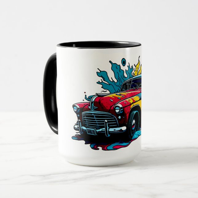 Röd & Teal Vintage Paint Splat Bil Mugg (Framsida vänster)