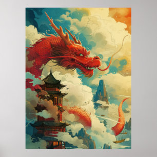 Röd Tecknad Stil kinesiska draken Poster