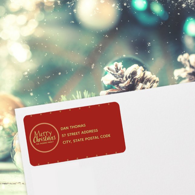 Röd text för god jul Anpassningsbar Adressetikett (Red Merry Christmas Custom Text Return Address Label)