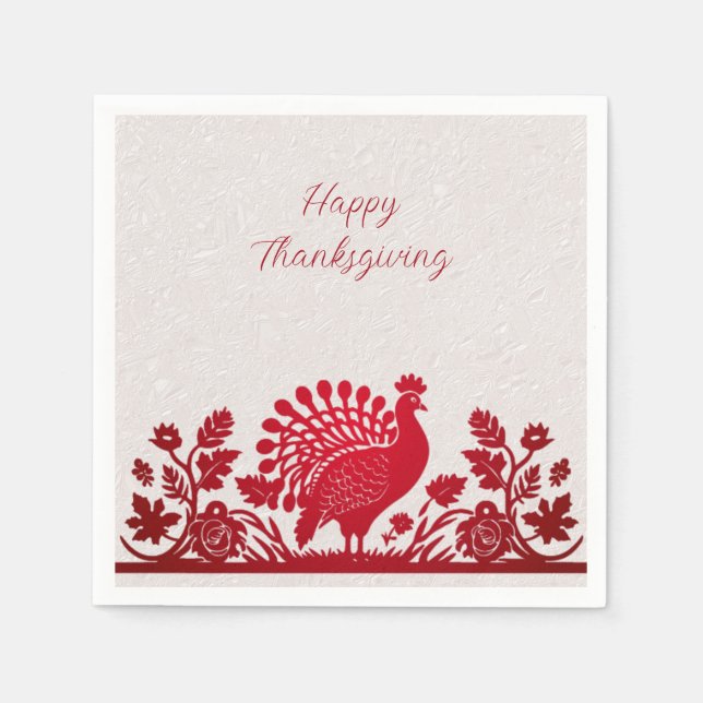Röd Thanksgiving Turkiet Blommigt Napkins Pappersservett (Framsidan)