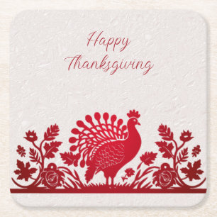 Röd Thanksgiving Turkiet Blommigt Papper Underlägg Kvadrat