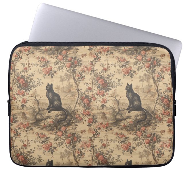 Röd Toile Chinoiserie Katt Damast Laptop Fodral (Framsidan)