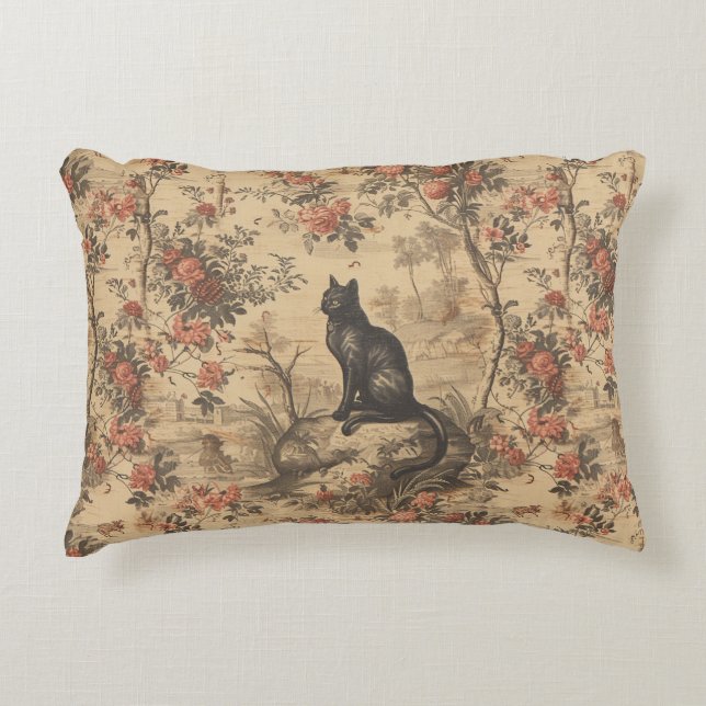 Röd Toile Chinoiserie Katt Damast Prydnadskudde (Framsidan)