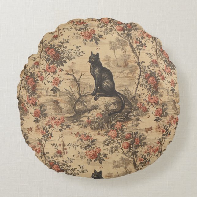 Röd Toile Chinoiserie Katt Damast Rund Kudde (Framsidan)