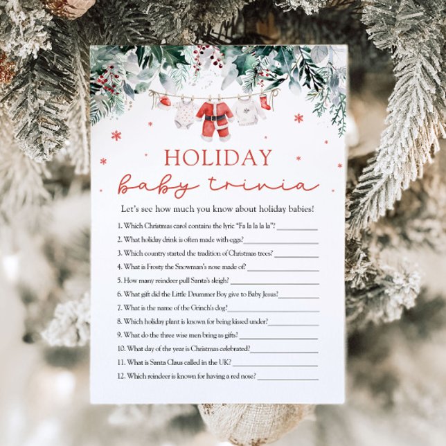 Röd Tomte Bebisdusch Högtidlig Bebis Trivia Spel Inbjudningar (Watercolor Red Santa Baby Shower Holiday Baby Trivia Game)