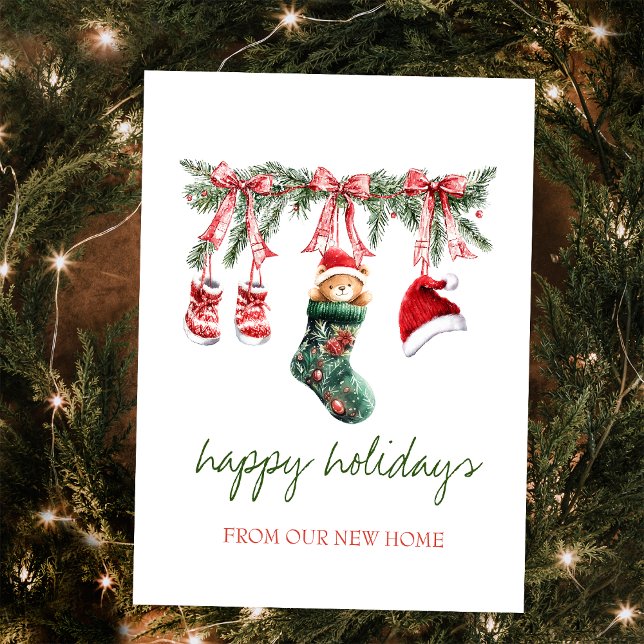 Röd tomtebabybjörn julkläderlina meddelande vykort (Skapare uppladdad)