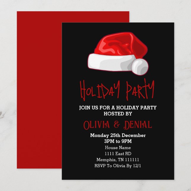 Röd tomteluva jul semester svart julkort (Fram/baksida)