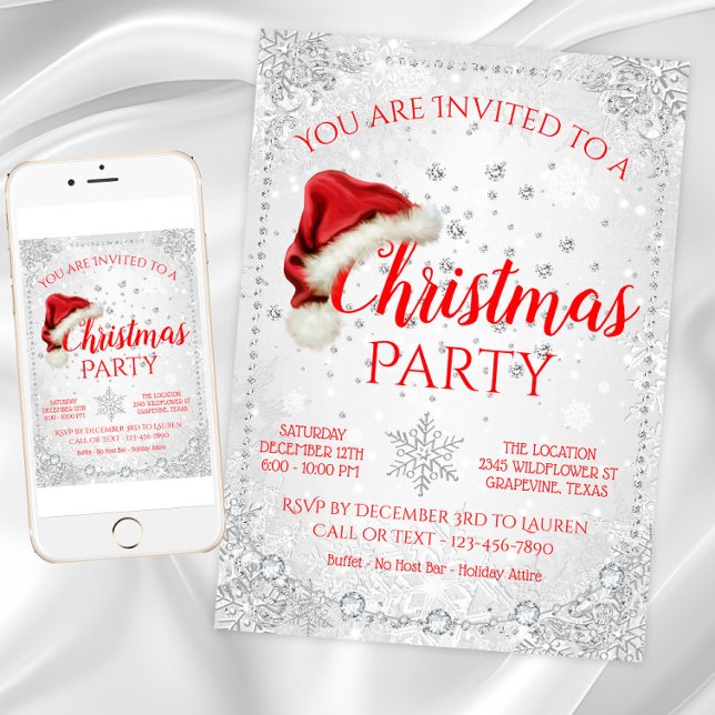 Röd tomteluva Snöflinga Julfest Inbjudningar (Santa hat snowflake Christmas party invitation. Available for instant download and print.)