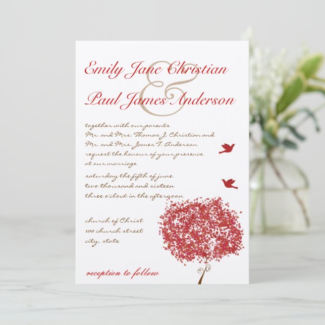 Röd Träd Kolibri Bröllopsinbjudan Inbjudningar (Stående Fram)