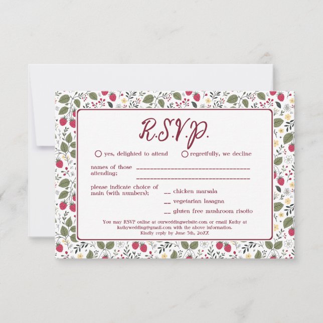 Röd trädgårdshallon vårblomma bröllop RSVP (Framsida)