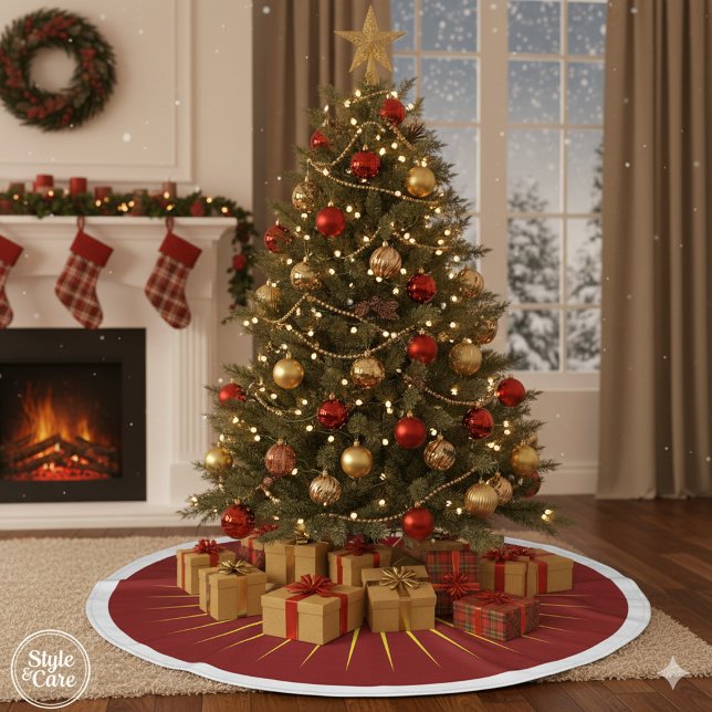 Röd trädskört med gul lysande stjärnmarkering julgransmatta fleece (Red Tree Skirt with Yellow Shining Star Mark)