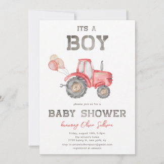 Röd traktor bondpojke baby shower inbjudningar