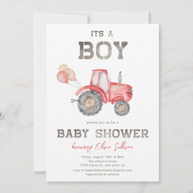 Röd traktor bondpojke baby shower inbjudningar (Framsida)
