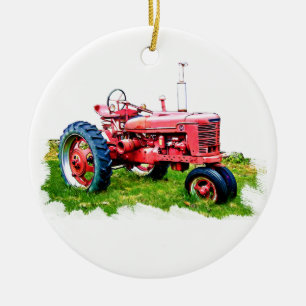 Röd traktor för vintage i fält julgransprydnad keramik